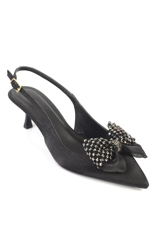 Capone Nikolia Crystal Embellished Bow Detail Pointed Toe Satin Mid Heel Women Beige Shoe