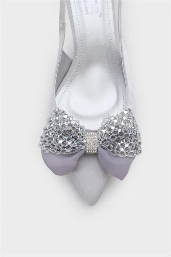 Capone Nikolia Crystal Embellished Bow Detail Pointed Toe Satin Mid Heel Ženske Cipele Bež