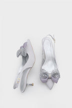 Capone Nikolia Crystal Embellished Bow Detail Pointed Toe Satin Mid Heel Ženske Cipele Bež