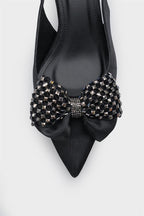 Capone Nikolia Crystal Embellished Bow Detail Pointed Toe Satin Mid Heel Ženske Cipele Bež