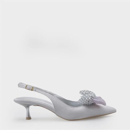 Capone Nikolia Crystal Embellished Bow Detail Pointed Toe Satin Mid Heel Ženske Cipele Bež
