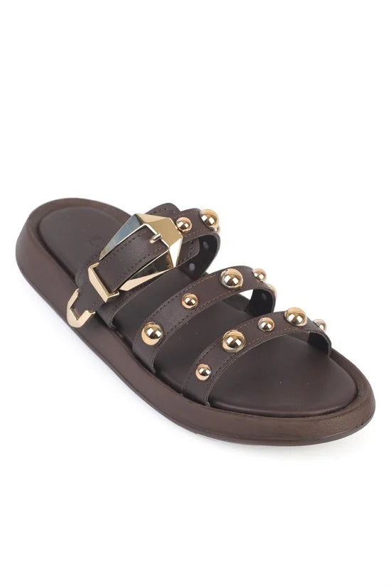 Capone Nollie Round Toe Metal Accessory Women Beige Sandal