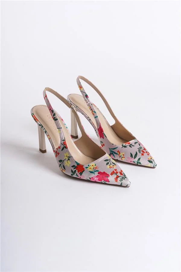 Capone Rebeca Open Back Pointed Toe High Heeled Flower Patterned Women Fuchsia Shoes