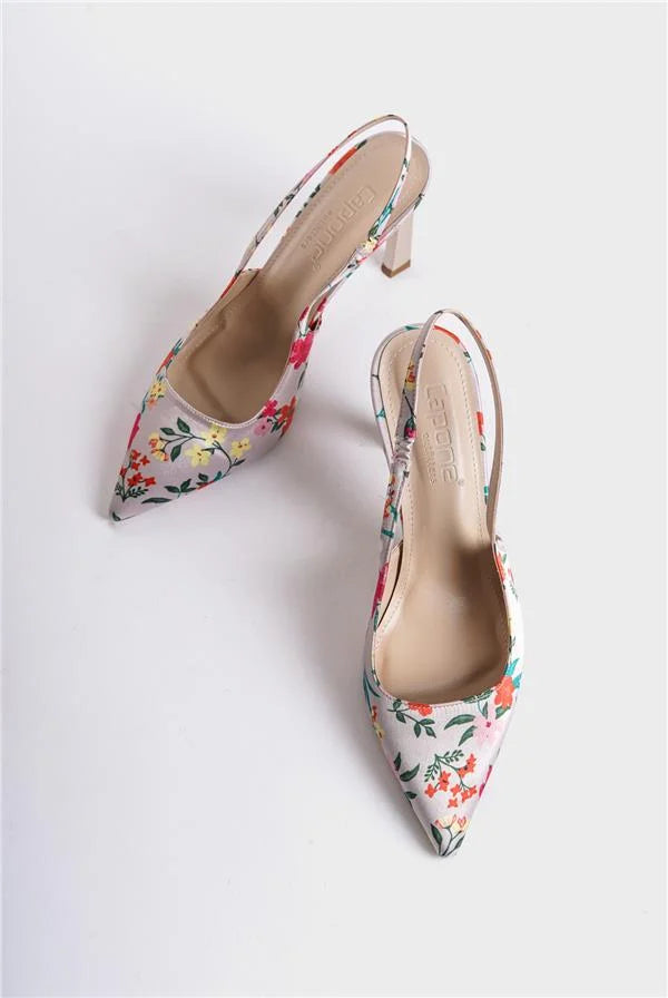 Capone Rebeca Open Back Pointed Toe High Heeled Flower Patterned Women Fuchsia Shoes
