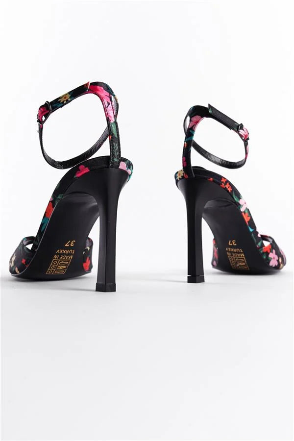Capone Regina Open Back Pointed Toe High Heeled Flower Patterned Women Black Shoes