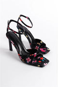 Capone Regina Open Back Pointed Toe High Heeled Flower Patterned Women Black Shoes