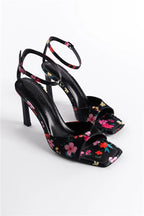 Capone Regina Open Back Pointed Toe High Heeled Flower Patterned Women Black Shoes