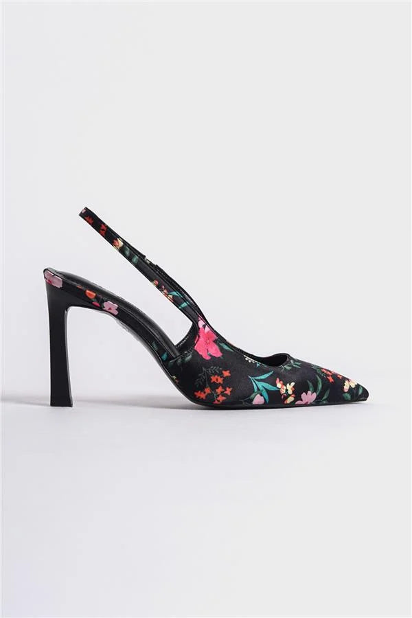 Capone Rebeca Open Back Pointed Toe High Heeled Flower Patterned Women Fuchsia Shoes