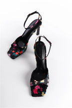 Capone Regina Open Back Pointed Toe High Heeled Flower Patterned Women Black Shoes