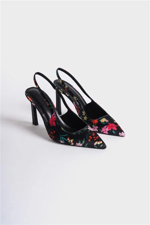 Capone Rebeca Open Back Pointed Toe High Heeled Flower Patterned Women Fuchsia Shoes