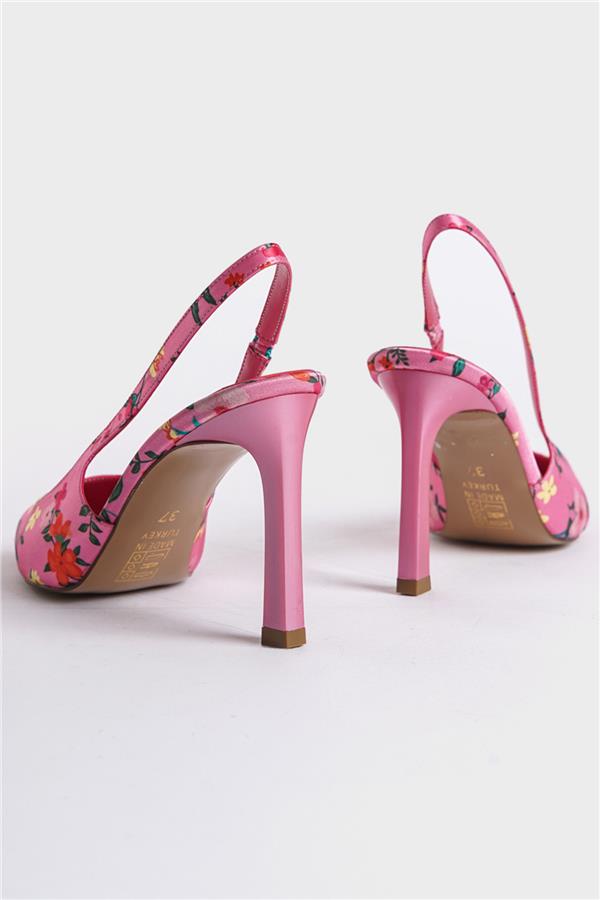 Capone Rebeca Open Back Pointed Toe High Heeled Flower Patterned Women Fuchsia Shoes