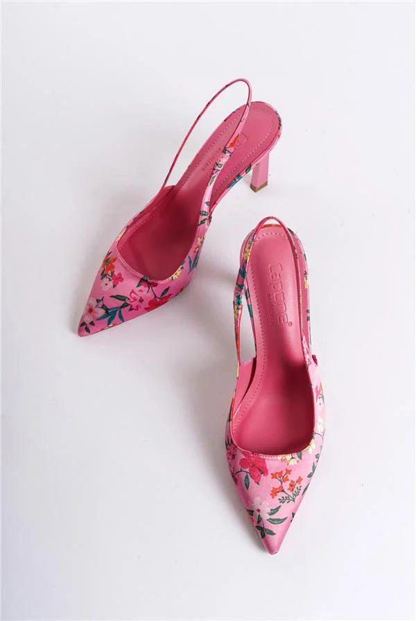 Capone Rebeca Open Back Pointed Toe High Heeled Flower Patterned Women Fuchsia Shoes