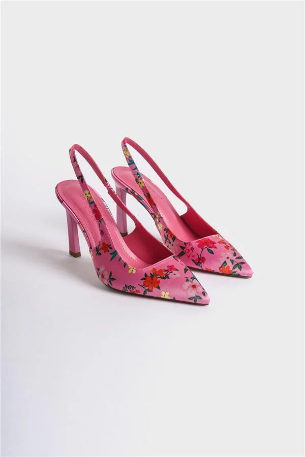 Capone Rebeca Open Back Pointed Toe High Heeled Flower Patterned Women Fuchsia Shoes
