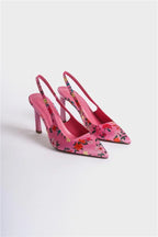 Capone Rebeca Open Back Pointed Toe High Heeled Flower Patterned Women Fuchsia Shoes