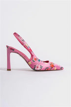 Capone Rebeca Open Back Pointed Toe High Heeled Flower Patterned Women Fuchsia Shoes