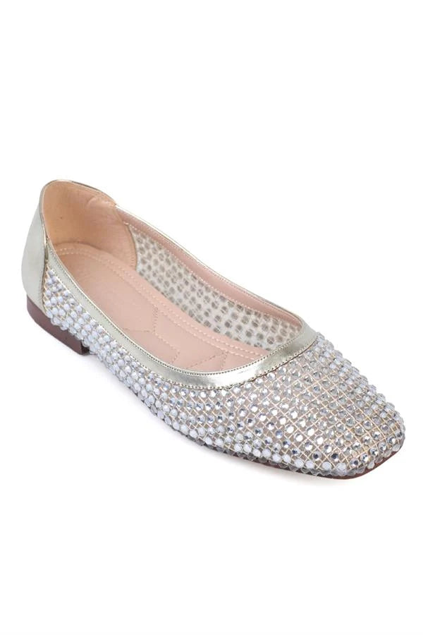 Capone Abra Meshed Crystal Embellished Women Metallic Silver Stylish Ballerinas