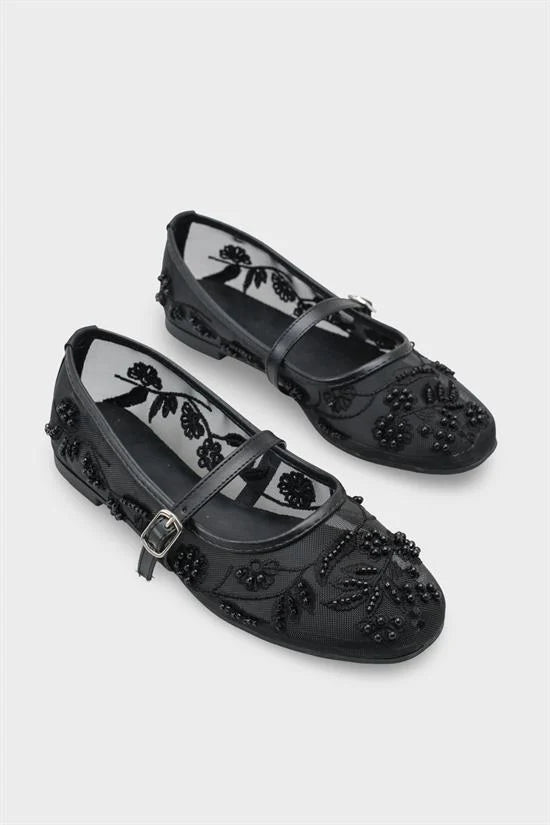 Capone Mathilde Lace Mesh Embroidered Women White Ballet Flat