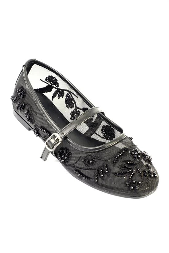 Capone Mathilde Lace Mesh Embroidered Women White Ballet Flat