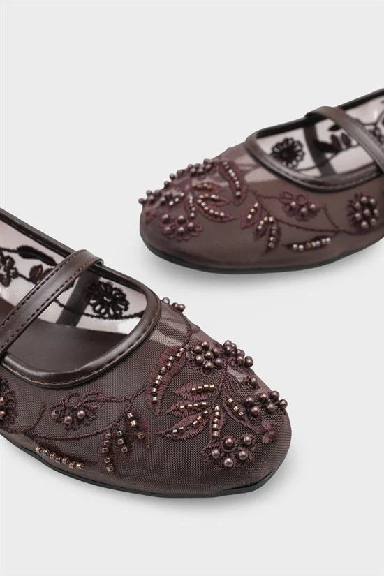 Capone Mathilde Lace Mesh Embroidered Women White Ballet Flat