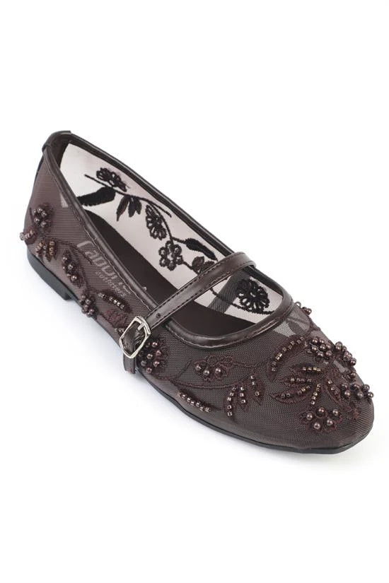 Capone Mathilde Lace Mesh Embroidered Women White Ballet Flat