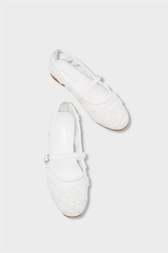 Capone Mathilde Lace Mesh Embroidered Women White Ballet Flat