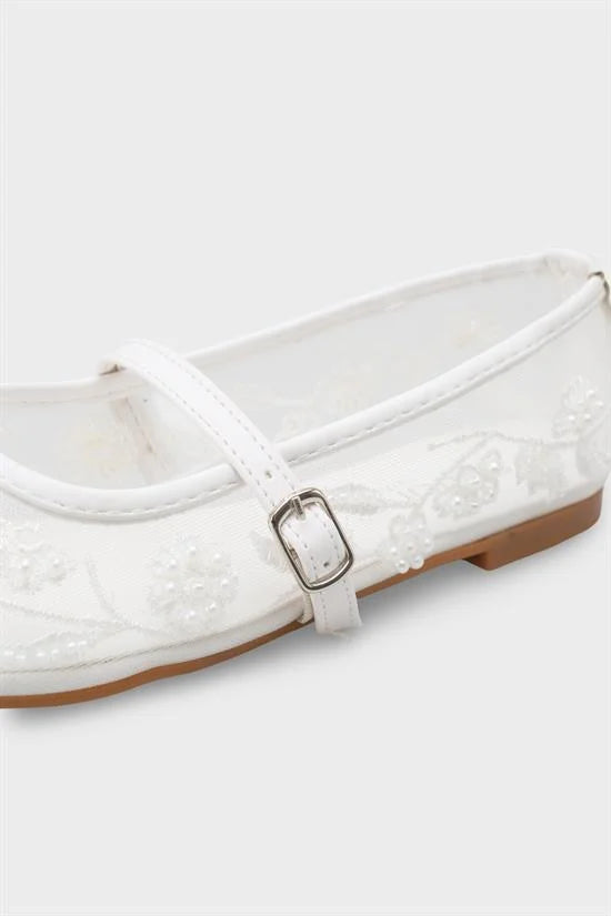 Capone Mathilde Lace Mesh Embroidered Women White Ballet Flat