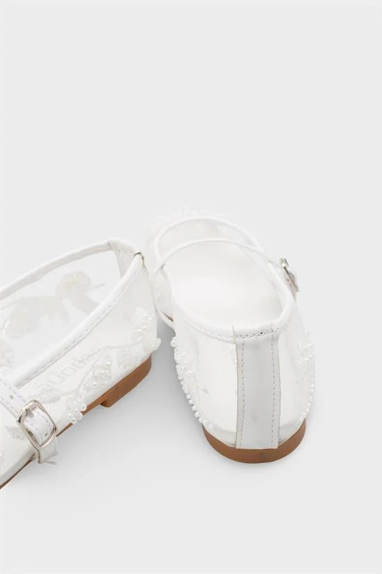 Capone Mathilde Lace Mesh Embroidered Women White Ballet Flat