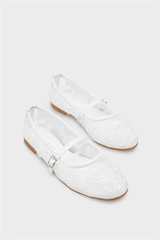Capone Mathilde Lace Mesh Embroidered Women White Ballet Flat