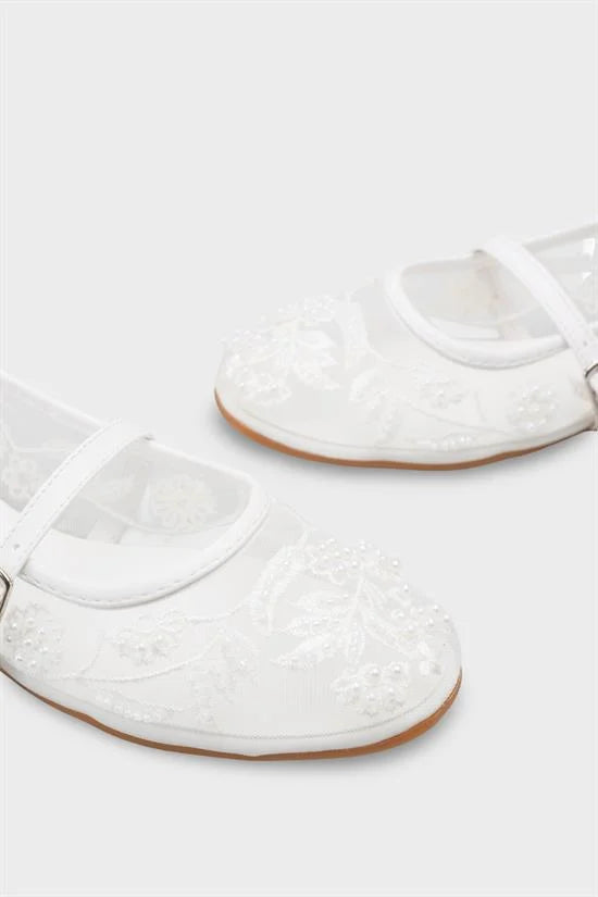 Capone Mathilde Lace Mesh Embroidered Women White Ballet Flat