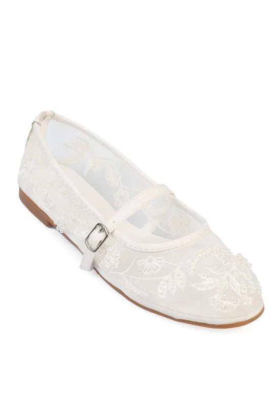 Capone Mathilde Lace Mesh Embroidered Women White Ballet Flat