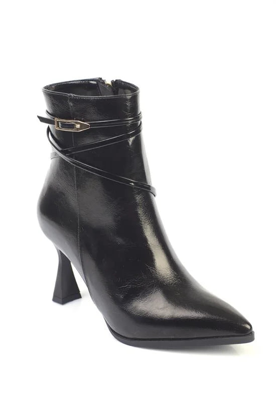 Capone Isabella Buckle Pointed Toe Elegant Heeled Women Black Ankle Boot