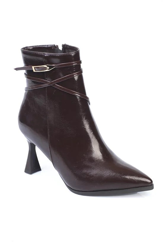 Capone Isabella Buckle Pointed Toe Elegant Heeled Women Black Ankle Boot