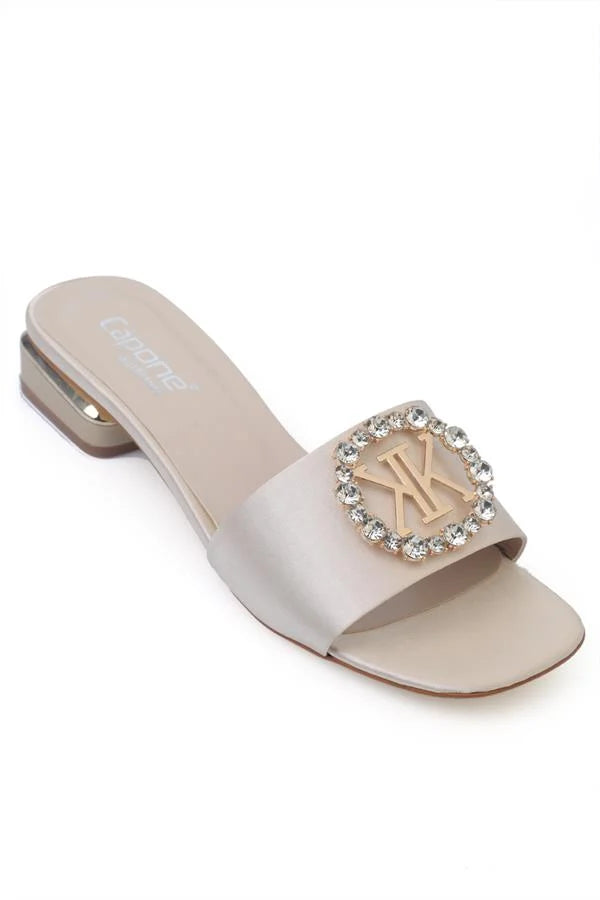 Capone Malka Round Blunt Toe Crystal Embellished Buckled Women Satin Beige Short Heeled Sandals