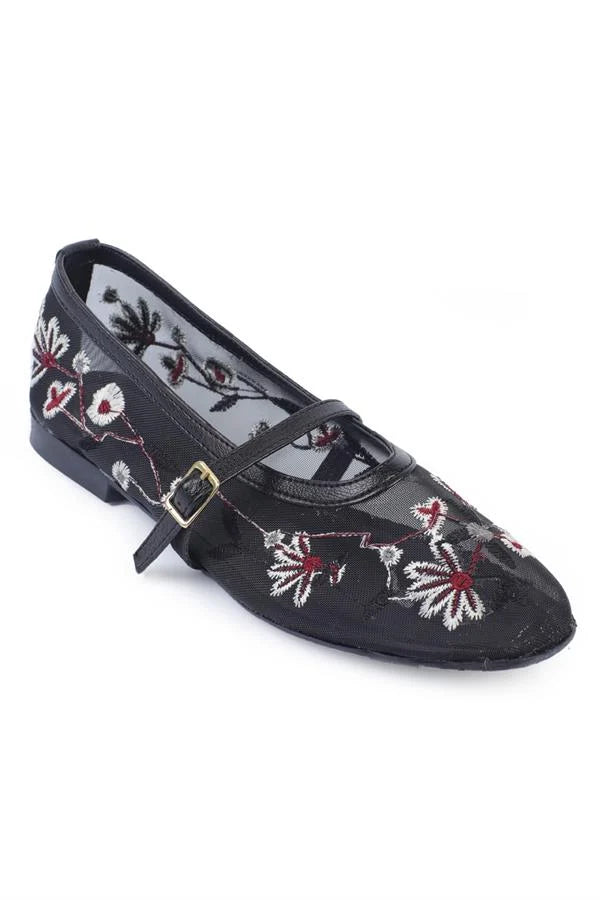 Capone Kathryne Buckle Strap Floral Embroidery Round Toe Flat Heel Casual Women Black Ballet Flat