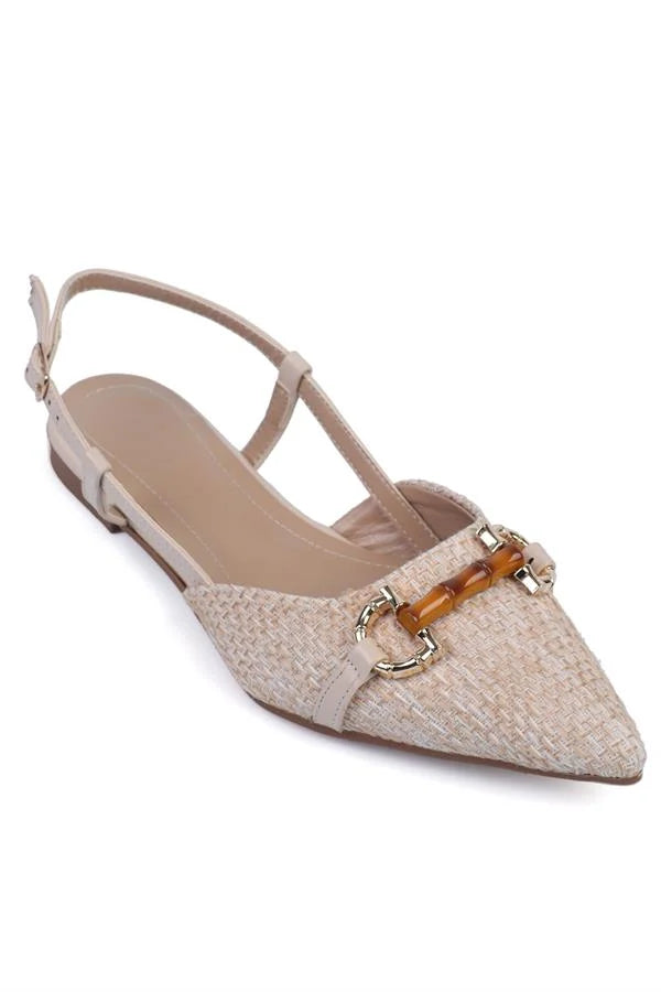Capone Aria Raffia Wooden Buckled Women Beige Ballerina