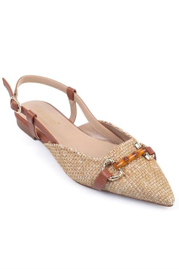 Capone Aria Raffia Wooden Buckled Women Beige Ballerina