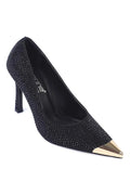 Capone Crystal Embellished Pointed Metal Toe Satin ženske crne večernje salonke na štiklu od satena