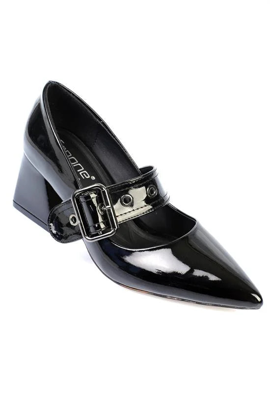 Capone Pointed Toes Thick Mid Heeled Strapped Women Patent Black Shoes