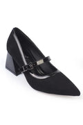 Capone Susann Pointed Toe Thick Mid Heel Strappy Faux Suede Women Sued Black Shoes