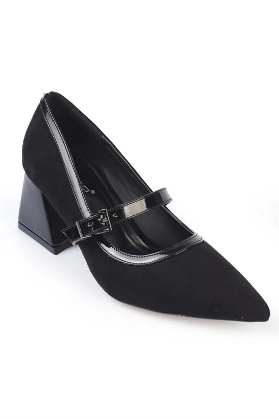 Capone Susann Pointed Toe Thick Mid Heel Strappy Faux Suede Women Sued Black Shoes