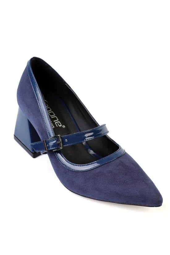 Capone Susann Pointed Toe Thick Mid Heel Strappy Faux Suede Women Sued Black Shoes