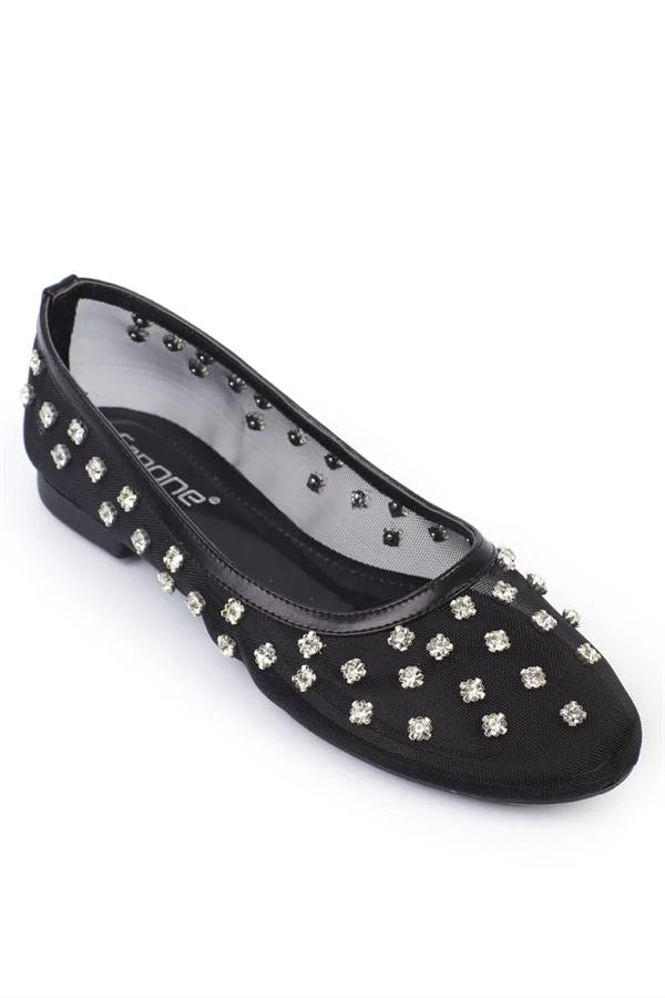 Capone Aura Crystal Embellished Mesh Women Beige Ballet Flat