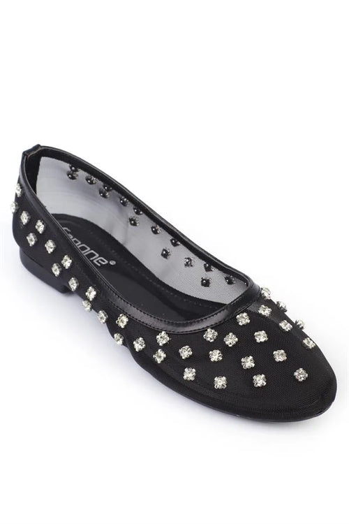 Capone Aura Crystal Embellished Mesh Women Beige Ballet Flat