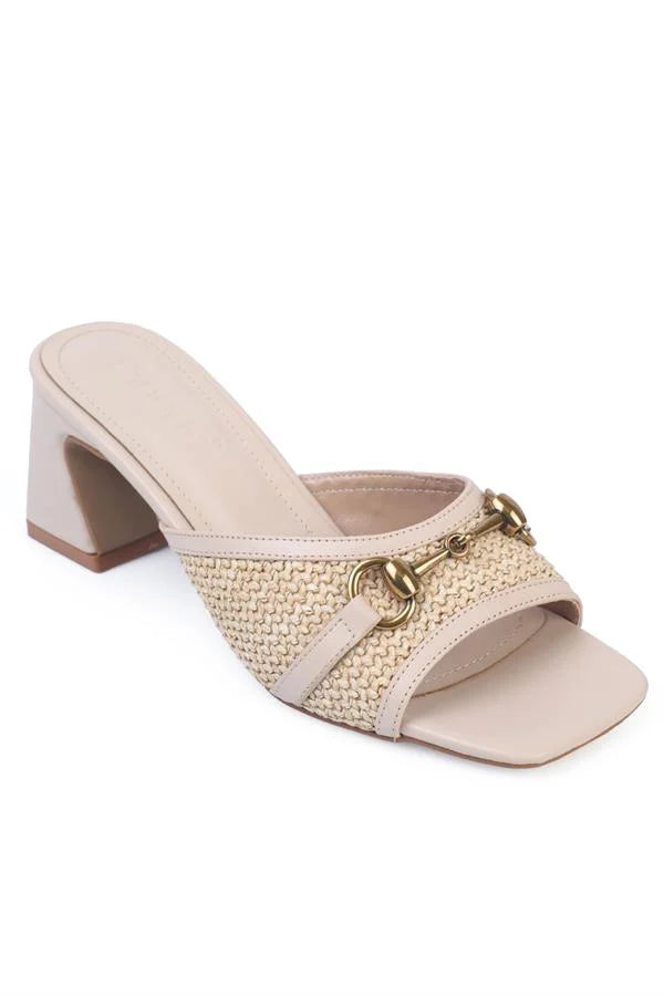 Capone Natalie Raffia Medium Heeled Wooden Buckled Women Denim Blue Sandals