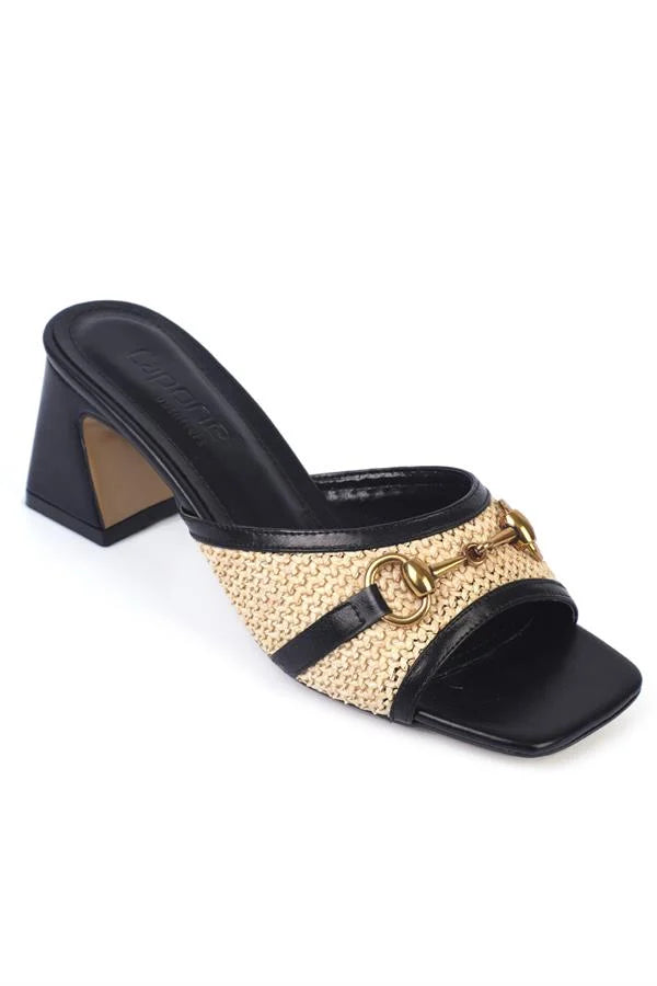 Capone Natalie Raffia Medium Heeled Wooden Buckled Women Denim Blue Sandals