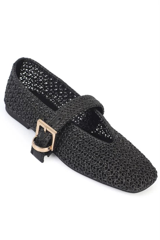 Capone Handwoven Raffia Leather Lined Women Black Ballet Flat