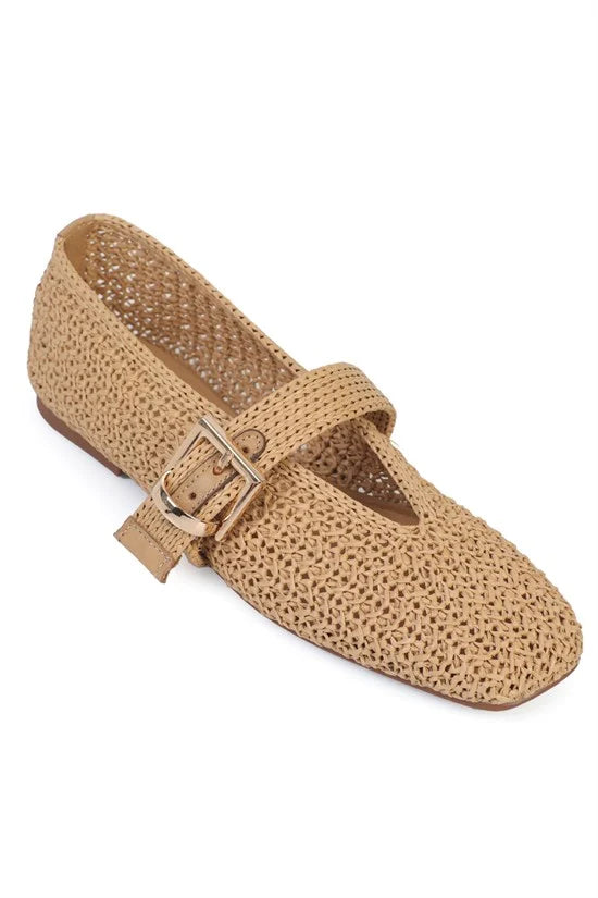 Capone Handwoven Raffia Leather Lined Women Black Ballet Flat