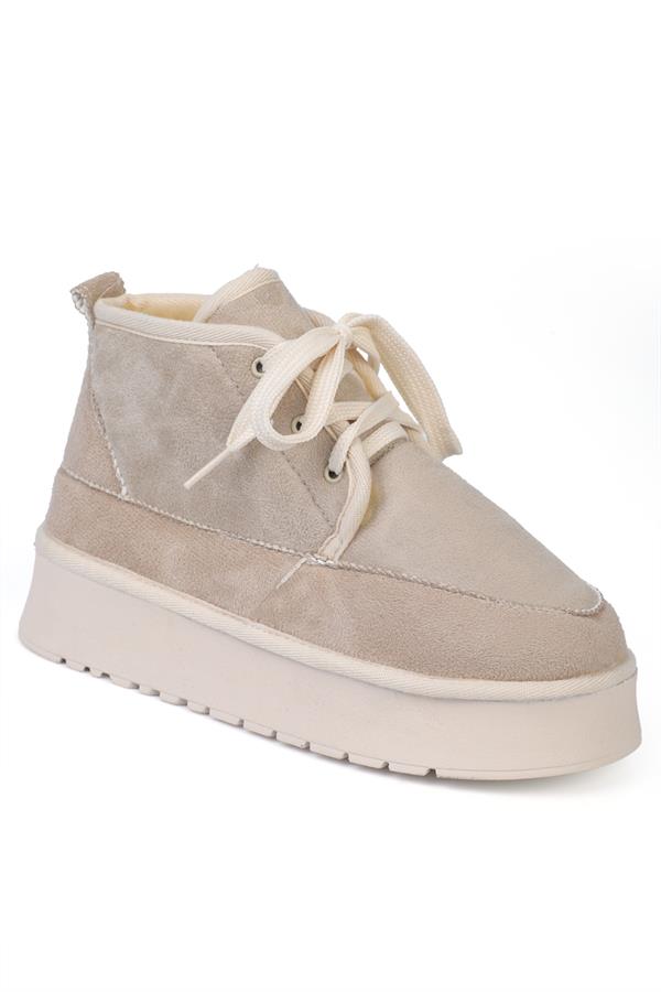 Capone Thick Sole Round Toe Laced Furry Women Beige Boots