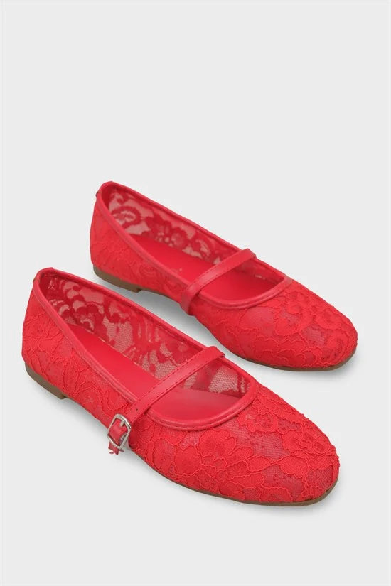 Capone Pennie Lace Mesh Embroidered Women Pink Ballet Flat