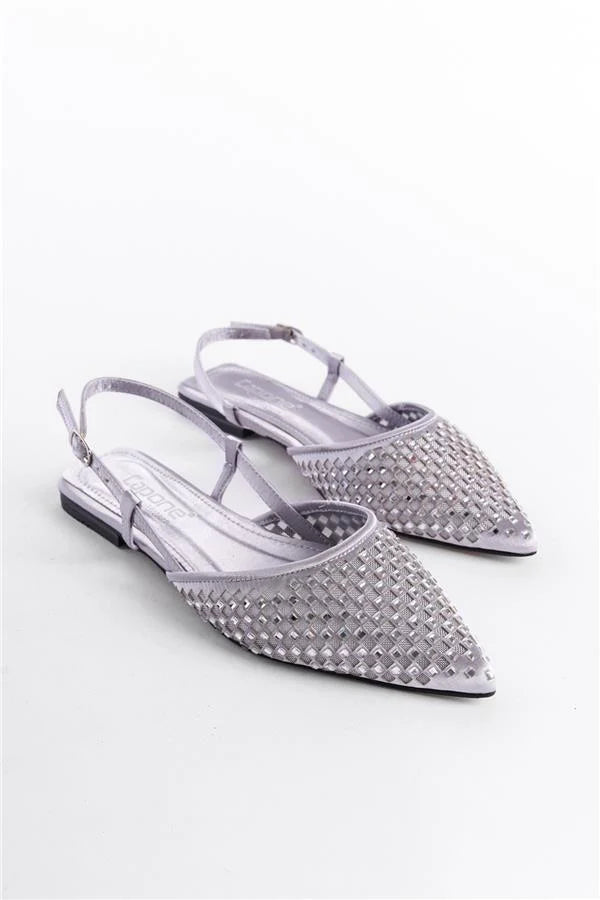 Capone Alene Pointed Toe Meshed Crystal Embellished Back Banded Women Silver Ballerina